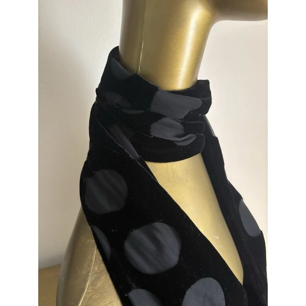 Sheer Black Velvet Circle Dots Skinny Scarf Silk and Rayon Etched Neck